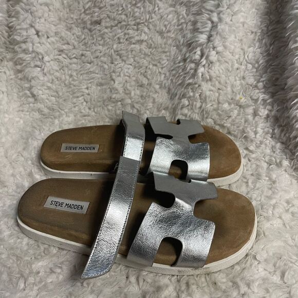 Steve Madden Mayen leather silver Adjustable Slide Sandals SZ10M - Picture 4 of 6